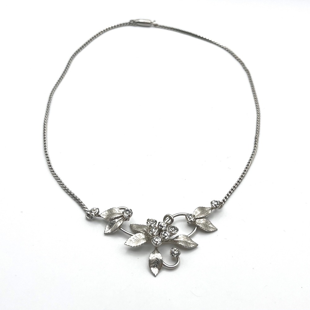 Krementz Vintage Floral Leaf‎ Rhinestone Necklace Silver Tone Barrel Clasp 14in